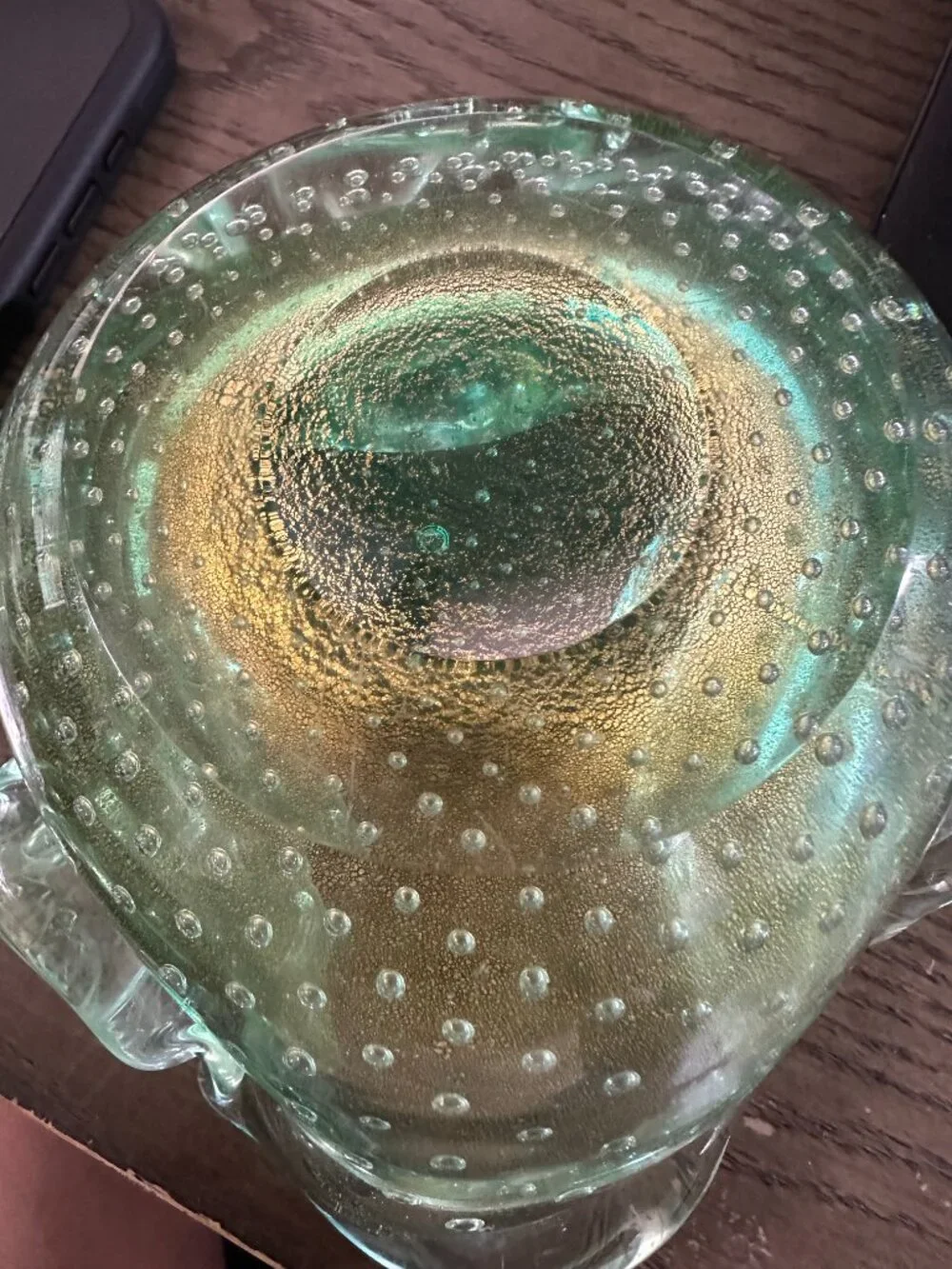 Vintage Murano Style Green Bullicante Art Glass Bowl Gold Adventurine 6 inches.
